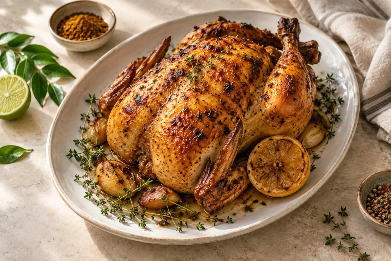 Suggestion de présentation : poulet rôti aux herbes et au citron
